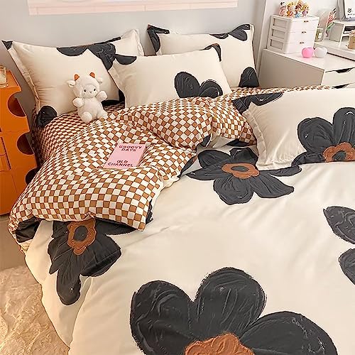 Houseri Floral Comforter Set King Black And White 3D Floral Comforters Bedding Sets King For Women Men Elegant Beige And Brown Plaid Bedding Sets King Size Vintage Grand Flowers Comforter Quilts King #TOP2