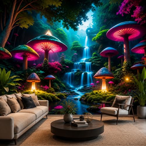 3D Fantasy Mushroom Forest Wall Wallpaper, Enchanted Waterfall Jungle Landscape