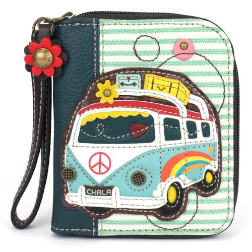 Image of CHALA Zip Around Wallet, Wristlet, 8 Credit Card Slots, Sturdy Pu Leather - Bus - teal stripe