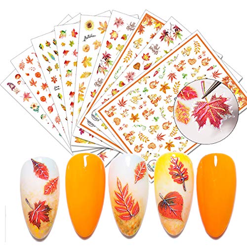 Fall Nail Art Stickers Fall Leaf Nail Art Supplies Fall Nail Decals 8Pcs Autumn Leaf 3D Self-adhesive Nail Decorations for Fall Nail Art Stickers For Acrylic Nails