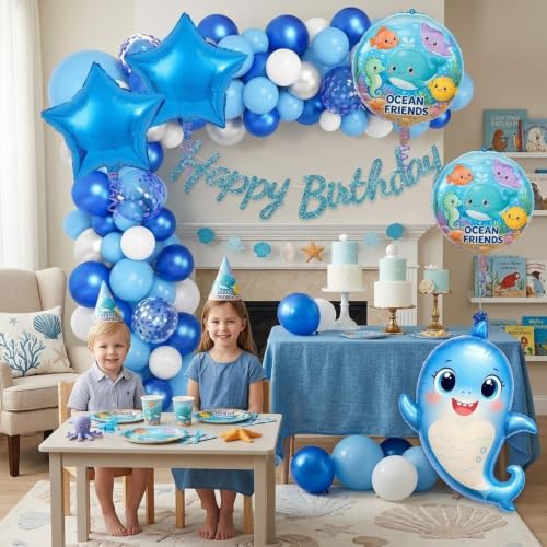 Image of Rozi Decoration Shark Theme Happy Birthday Blue Decoration Items Set of 56 Pcs
