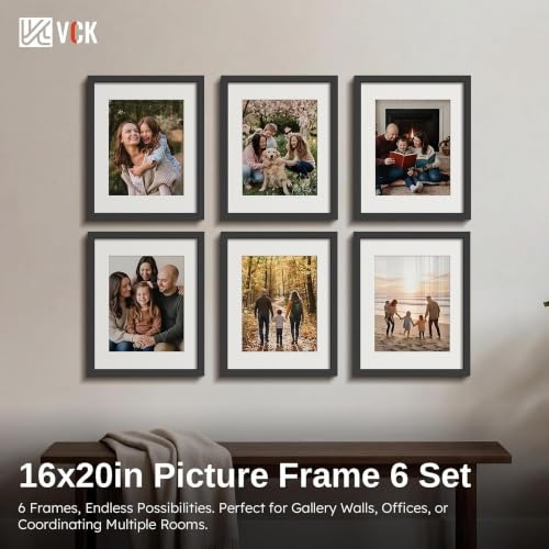 Image of VCK 16x20 Frames Set of 6, Black Wood, 11x14 Mat, Glass, for Picture Poster
