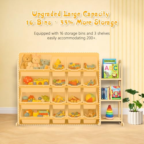 Kids Toy Storage Organizer with Bookshelf Wooden Shelf with 16 Bins and 3 Shelves, Quick A - image 5