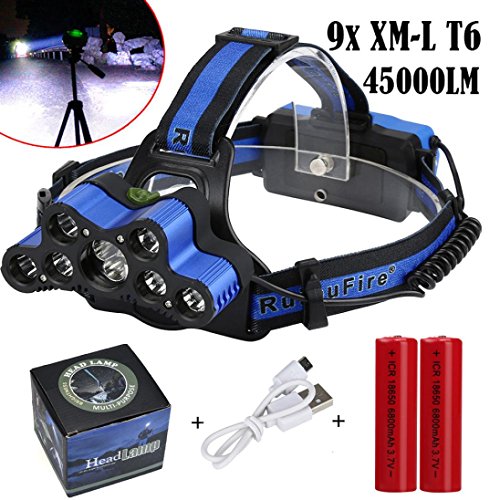 Coloré(TM) LED Lampe frontale Lampe Frontale Led 45000 LM 9X XM-L T6 Rechargeable Lampe De Tête Phare Réglable Pour Camping Randonnée Cyclisme Course Chasse Escalade Caverne