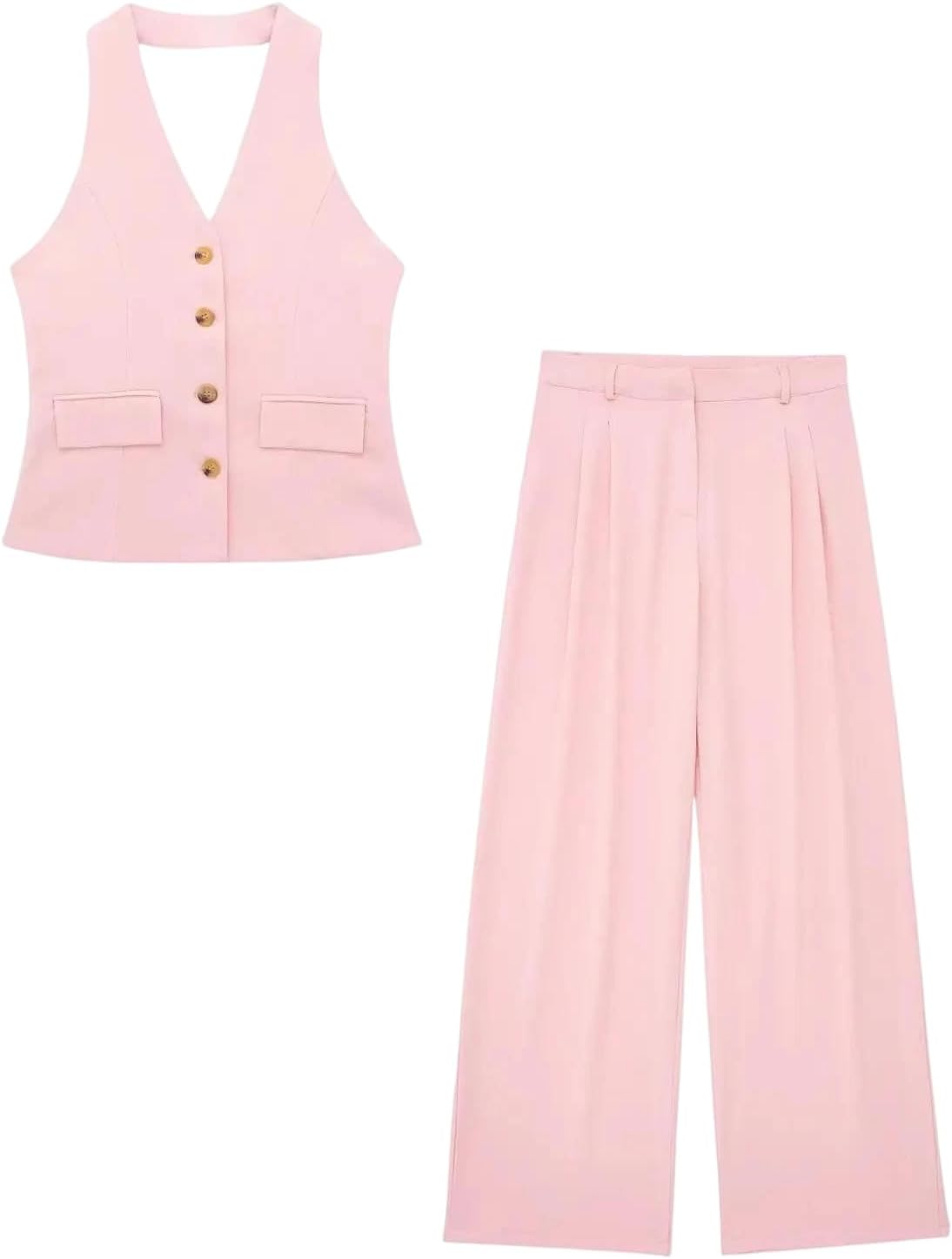 Womens Two Piece Pant Set Solid Color Sleeveless V Neck Zipper Vest Tank Top and Loose Trousers for Office
