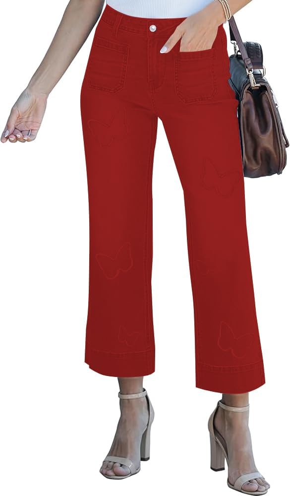 Women's Cropped Wide Leg Jeans Butterfly Elastic High Waisted Baggy Flared Jeans Trendy Stretchy Denim Pants