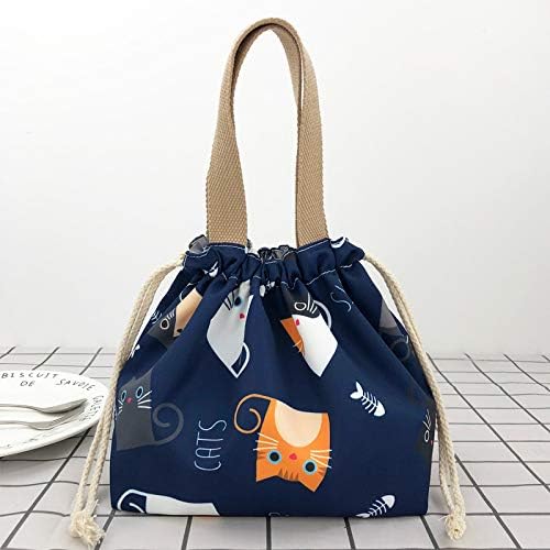 Miniatura 7 de enyuwlcm Mini Bolsa Tote de Almuerzo Reutilizable Pequeña Linda con Cordón Adecuada para Niñas Mujeres Gato Azul