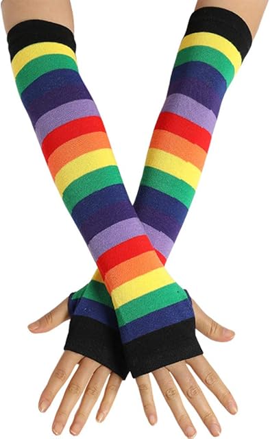 CADANIA Women Girl Knitted Over Elbow Long Arm Warmers US Flag Rainbow Stripes Patchwork Fingerless Gloves with Thumb Hole Party Costume 6#