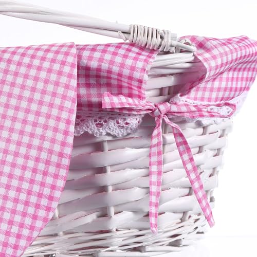 Image of Hushee Easter Willow Gift Basket 11 inchx7 inch Easter Wicker Bunny Baskets with Folding Handle Plaid Liners for Kids Toys Eggs Hunt Wood Bunny Bucket Decorations(Pink and White Plaid)