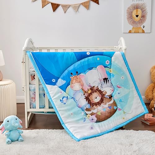 Image of beeweed 4-Piece Crib Bedding Set for Boys Girls, Soft Baby Bedding Set Including Blanket, Crib Skirt, Crib Sheets & Toy, Animal Nursery Bedding Set