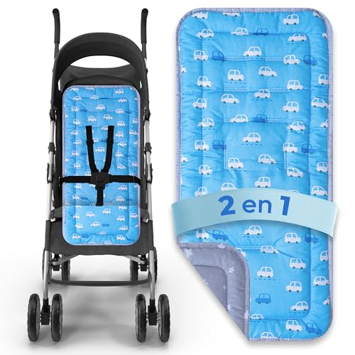 Colchoneta silla paseo universal | Reversible (2 en 1) | Transpirable | Todo el Año | Lavable | Acolchado Mayor Comodidad del Bebé. Compatible mayoría marcas. Fabricado en España (Azul)