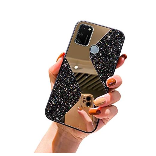 URFEDA Kompatibel med Huawei Honor 9A mobiltelefonfodral skydd spegel, silikonskal med 360 graders ring stativ glitter bling strass diamant skal skyddande skal transparent klar väska fodral, svart