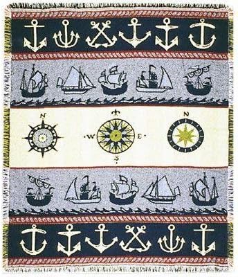 Nautical Theme Anchors Ships Compass Afghan Throw Blanket 48" x 60"