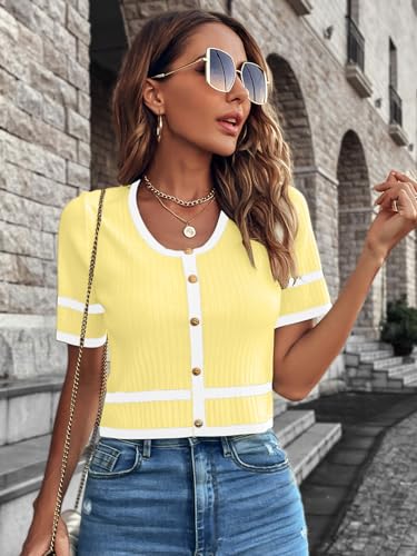 Image of Verdusa Women's Cropped Sweater Old Money Clothes Short Sleeve Lightweight Sweater Fall Trendy Knit Top
