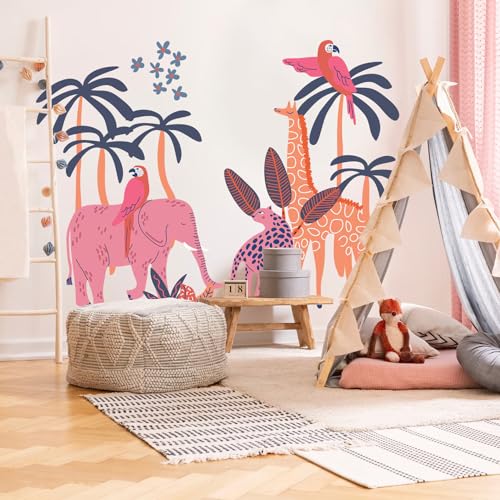 Image of Jungle Theme Wall Sticker for Kids Room Decor - Fun Animal Growth Chart with Giraffe, Elephant, Tiger, Panda, and More - Peel & Stick Removable Nursery Wall Decal (E, Medium)