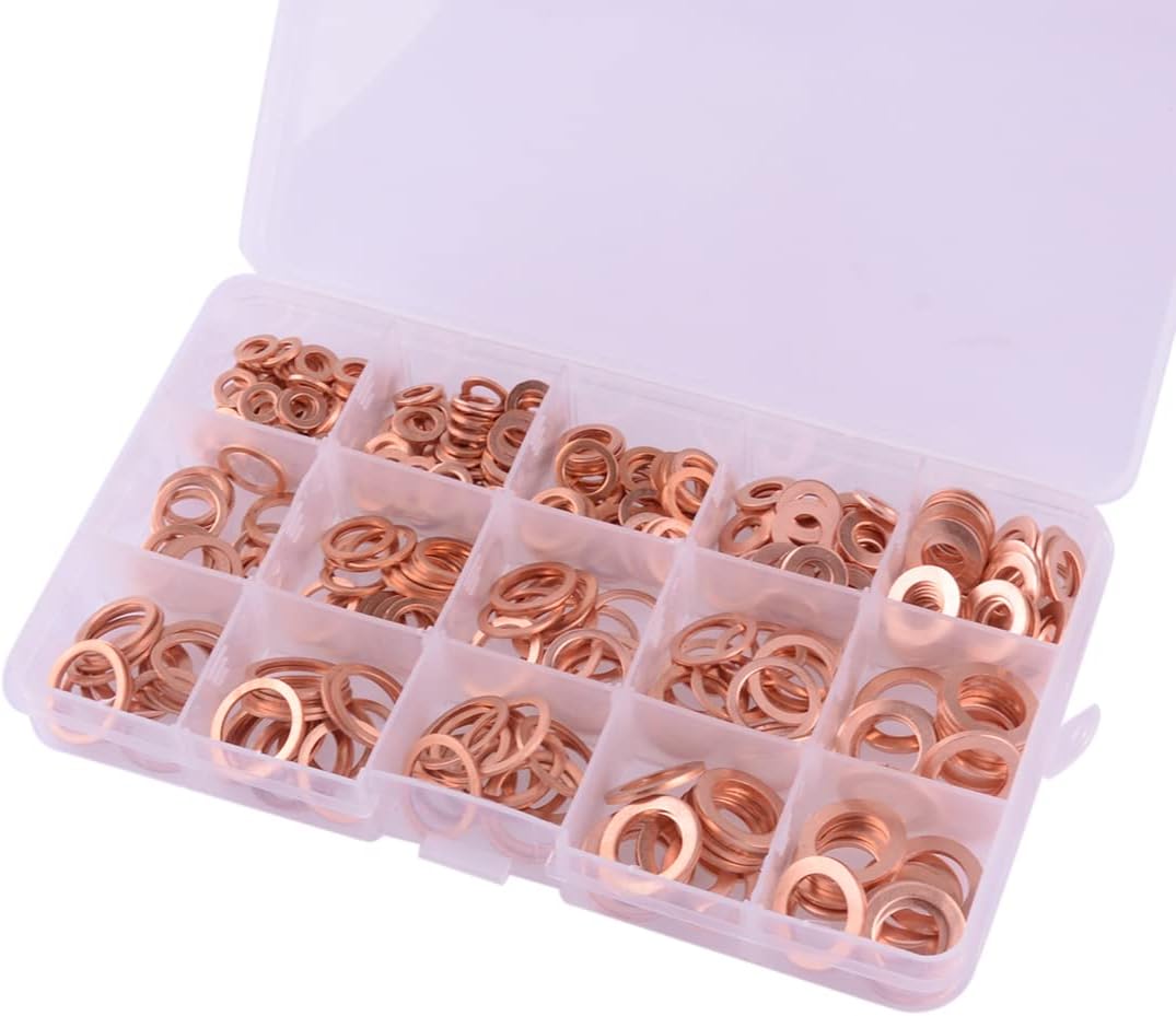 beler 400pcs Solid Copper Crush Washer Gasket Flat O-Ring Seal Assortment Set