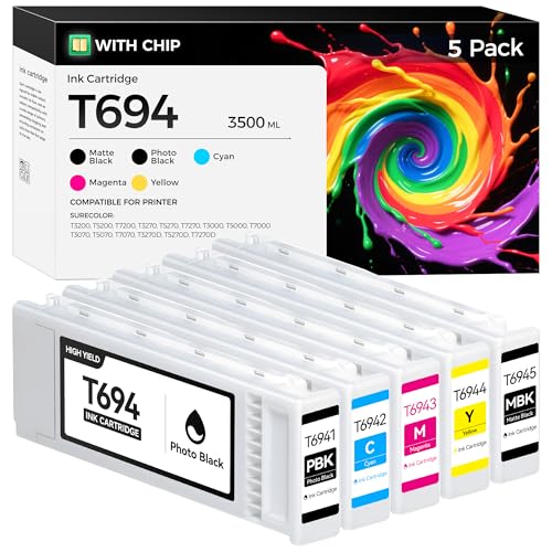 Image of T694 Ink Cartridge 5-Pack 700ml High Yield Replacement for T6941 T6942 T6943 T6944 T6945 Ink Works with SureColor T3000 T3720 T5000 T5720 T7000 T7270 T3200 T5200 T7200 T3070 T5070 T7070 T7270D Printer