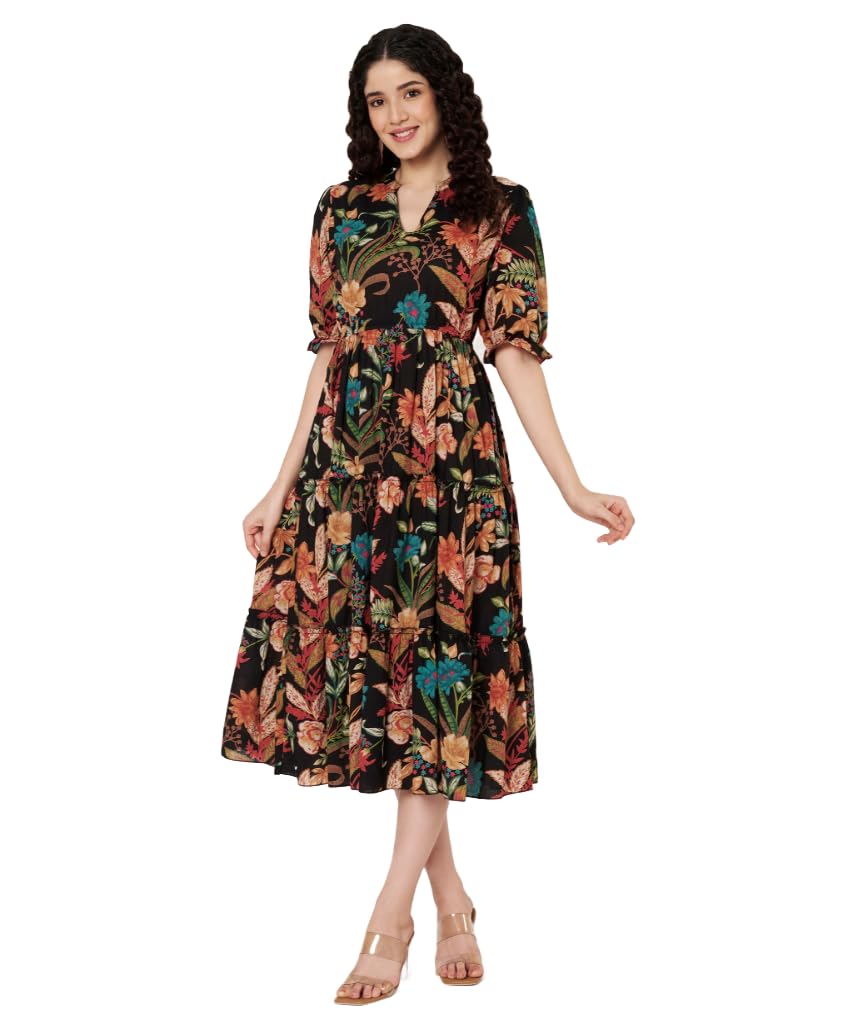 Women's Cotton Floral Printed Midi Dress | V-Neck Fit & Flare Dress with Puff Sleeves | Casual Summer Wear-image-14