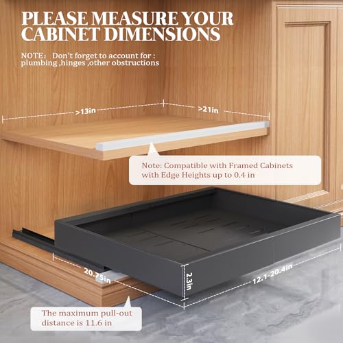 4 Pack Expandable Pull Out Cabinet Organizer 21"Deep With Raising Pad for Framed Cabinets,Upgrade 3 Slide Rails Slide Out Drawers,No Drill Roll Out Shelves,Adjustable Width 12.1"-20.4" Black
