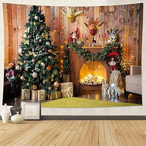 Mr.Bee Wall Tapestry Christmas Colorful Tapestries Wood Backdrop, Xmas Santa Claus, Tree and Fire Place for The Living Room Background Hanging Party Home Decor Series A, 90 in x 71 (W L)/230 cm 180 Cover