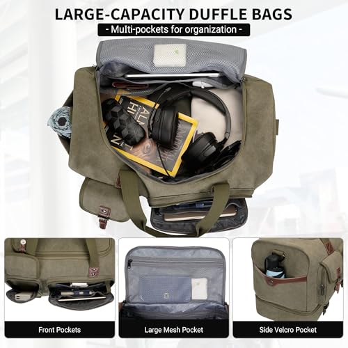 WITZMAN Canvas Weekender Bag Mens Overnight Bag for Traveling Carry on Duffle Bags with Shoes Compartment(A8010 Army Green)3