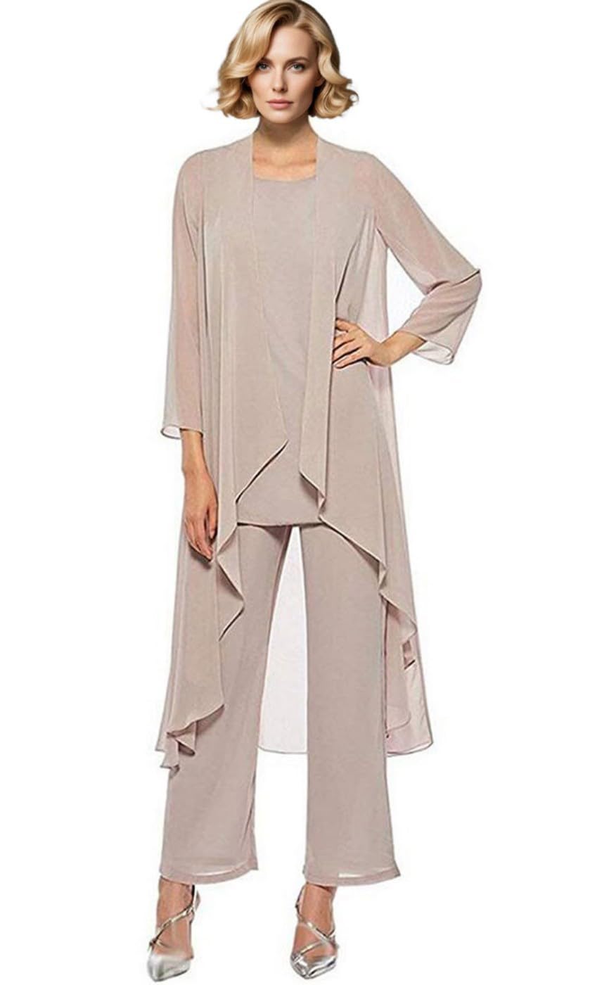 Women's Mother of The Bride Pant Suits 3 Pieces Chiffon Long Outfit Sets for Wedding Mother Pant Suit with Vest Champagne