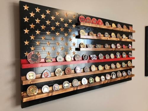 Thin Red Line American Challenge Coin Holder Display, Wooden Shelves