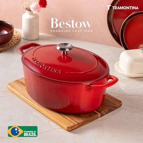 Image of TRAMONTINA Bestow Oval Dutch Oven 5.2L with Lid | Enameled Cast Iron Casserole Pot & Biryani Pot | Even Heat Retention | Low Oil Healthy Cooking | No Seasoning Required | All Cooktops Compatible | Red