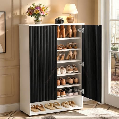 Image of ABOUT SPACE Shoe Cabinet - 7 Tier Shoe Rack with Door & Open Bottom Storage|Press Open 2 Door Engineered Wood Shoes Stand for Home | Smooth Non-Fluted-Effect Adjustable Shelf 18-21 Pair |White & Black