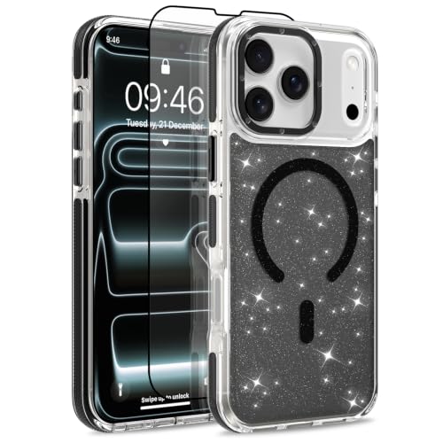 Image of Magnetic Case for iPhone 17 Pro Max [Compatible with Magsafe] [Bling Glitter Fluorescent Design] [1 Screen Protector] Slim Translucent Matte Case for iPhone 17 Pro Max 6.9 inch 2025, Black