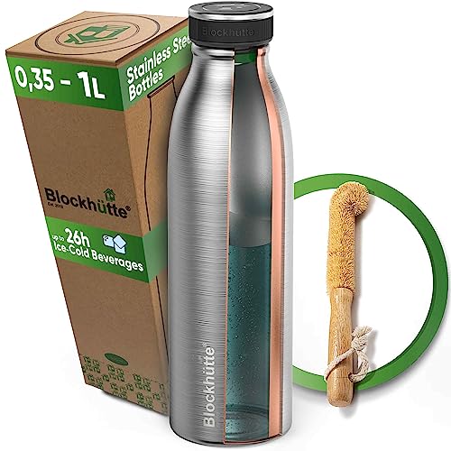 Blockhütte Stainless Steel Water Bottle 1L - BPA Free, 26h Hot & Cold, Insulated Metal Drink Flask, Leakproof Travel Gym Vacuum Bottle, Thermal, Aesthetic, Eco-Friendly, Cleaning Brush Included