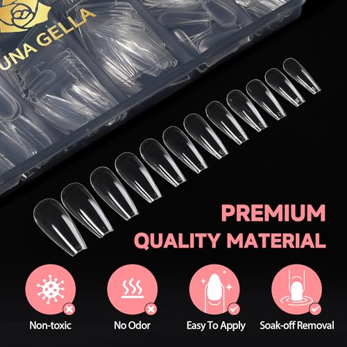 Image of UNA GELLA Long Coffin Nails Tips, 504PCS Soft Gel Nail Tips Coffin 12 Sizes Clear Full Cover Press on Nails False Nails for Acrylic Nails Professional Nail Extensions Art DIY Salon Soak Off Easy