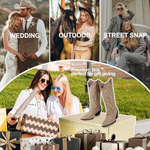 Image of Knee High Cowgirl Boots Women Wide Calf Rhinestones Cowboy Boots Lady Pointed Toe Chunky Heel Embroidered Sparkly Boot With Side Half Zip Country Sparkle Boot Size 6-11