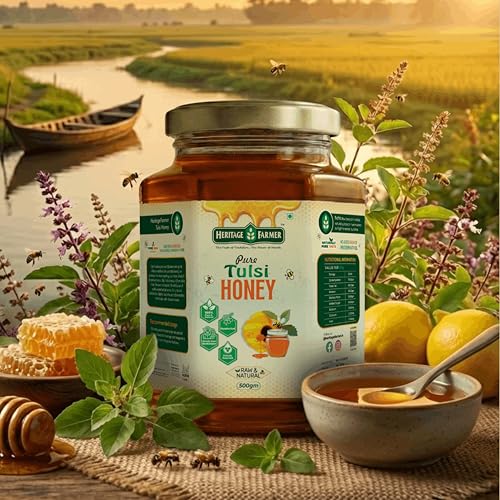 Image of Heritage Farmer Pure Tulsi Honey 500g | Raw & Natural Honey | No Added Sugar | 100% Pure Honey | Holy Basil Tulsi Sourced | Unprocessed Premium Honey | Rich Aroma | Perfect Natural Sweetener for Daily Use