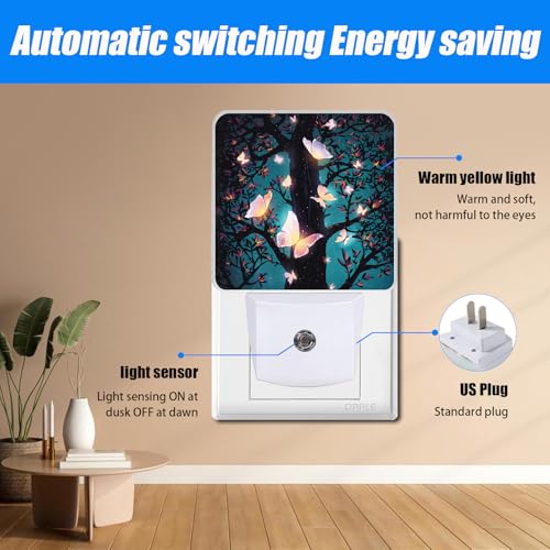 Image of Magical Butterflies Night Light,Forest Nightlight Plug into Wall,LED Lamp,Suitable for Bedrooms,Kitchens,Toilets,Etc.Auto Sensor Dusk to Dawn,Energy-Saving