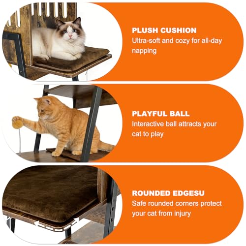Image of 57 Inch Multi-Level Modern Cat Tree Tower with Hammock & Scratching Ramp - Wooden Heavy-Duty Cat Tower for Large Cats & Multi-Cat Households, Easy to Clean (Brown)