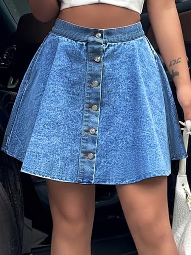 ebossy Women's High Waisted Button Down Flared Mini Jean Skirts Casual Cute Pleated Flowy Denim Ruffle Skirts2