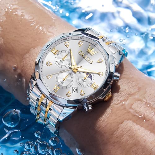Image of OLEVS Watches for Men Luxury Diamond Casual Large Dial Watches Stainless Steel Waterproof Business Dress Analog Luminous Date Mens Watches