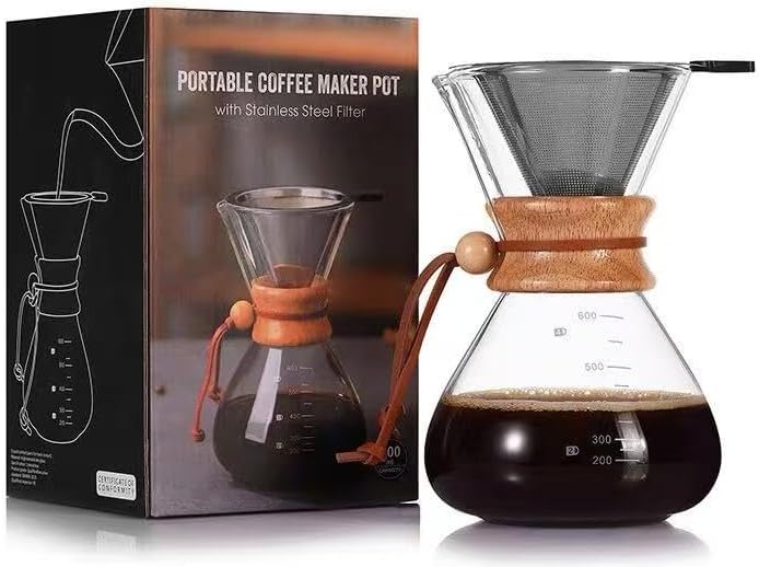 Miniatura 6 de Cafetera de vidrio de borosilicato de 20 onzas con filtro de acero inoxidable y soporte para collar de madera, cafetera para el hogar y campamento