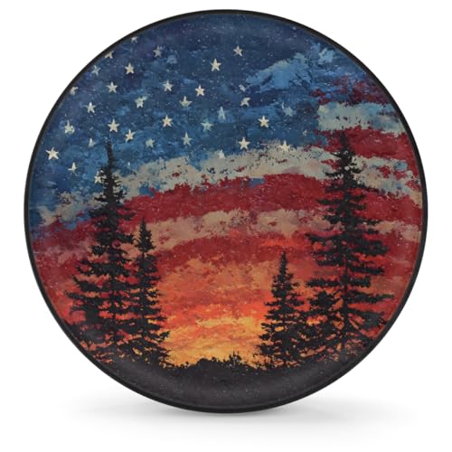 Image of Spare Tire Cover Forest Camping American Flag Wheel Covers Protectors Waterproof Dust-Proof Universal Fit Trailer, RV, SUV and Many Vehicle (16 inch for tire Diameter 29.52 inch-31.10 inch)