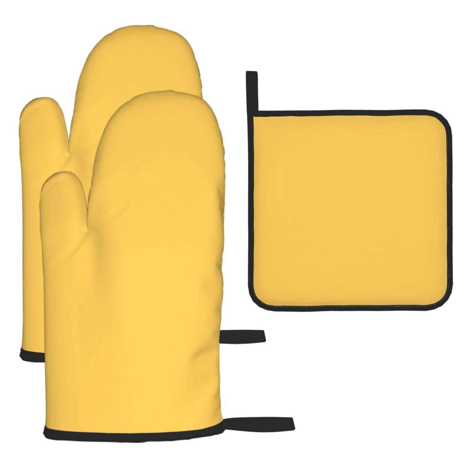 yellow Oven mittens and oven mitts three-piece set suitable for oven, grilling, baking, microwave and home cooking.
