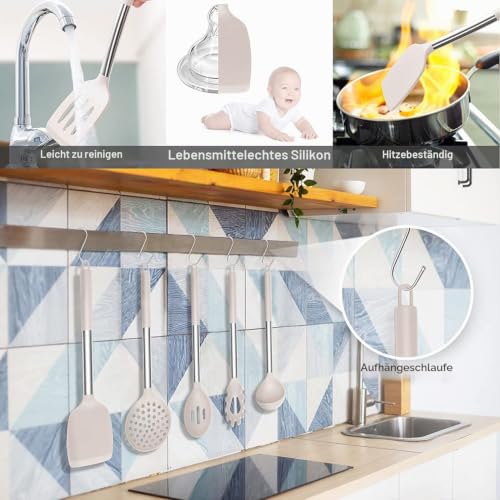 15-teiliges Silikon-Küchen-Kochgeschirr-Set, hitzebeständiges Utensilien-Set mit hochwertigen Edelstahlgriffen zum Kochen und Backen… – Ansicht 5