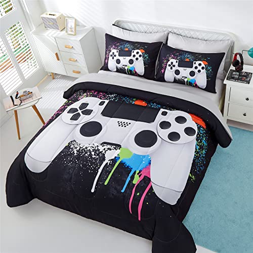 Kakki 5 Piece Boys Full/Queen Gamer Comforter Set With Sheets, 3D Colorful Video Game Controller Comforter For Kids Teen, All Season Soft Microfiber Gaming Bedding Set(White,Queen) #TOP2