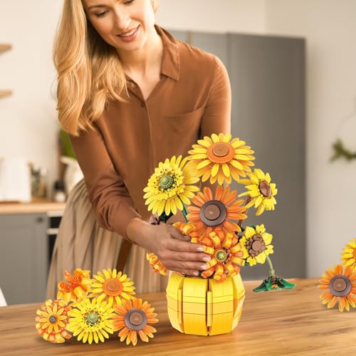 Image of Flowers Building Set for Adults Teens, Van Gogh Art Botanical Collection for Woman Girls 14+, Sunflower Pot Bouquet Plant Kit Compatible with Lego, Home Decor Valentines 1009PCS