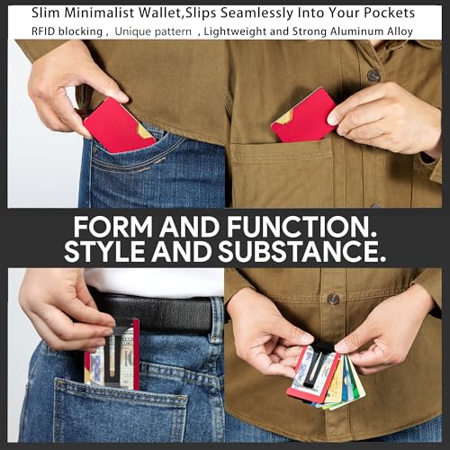 Image of Minimalist Carbon Fiber Wallet for Men, Money Clip Cash Strap Wallet, RFID Blocking Metal Wallet Aluminum Card Holder,Front Pocket Wallet(Matte Red)