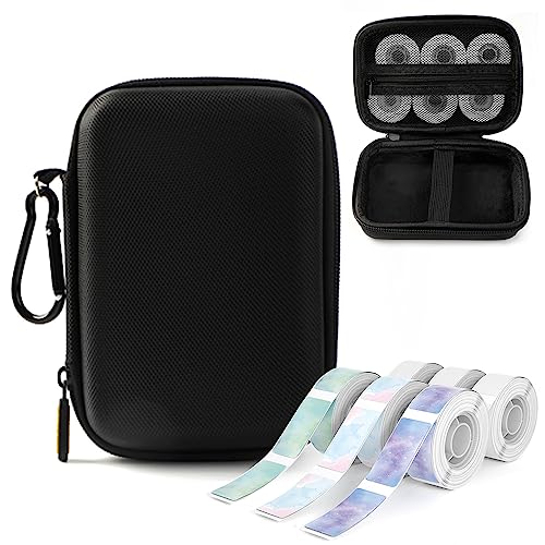 Phomemo D30 D35 Label Marker Black Case with 6 Rolls of Color Combo Set Label Tapes, Waterproof Storage Bag with Black on White Clear Starry Sky Label Tapes, Sticker Thermal Paper Self-Adhesive