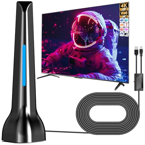 Antenne TV intérieure avec amplificateur réception 360° longue distance, antenne TV portable avec base magnétique, compatible avec 4K 1080P DTMB DVB-T2 DVB-T - Tous les téléviseurs