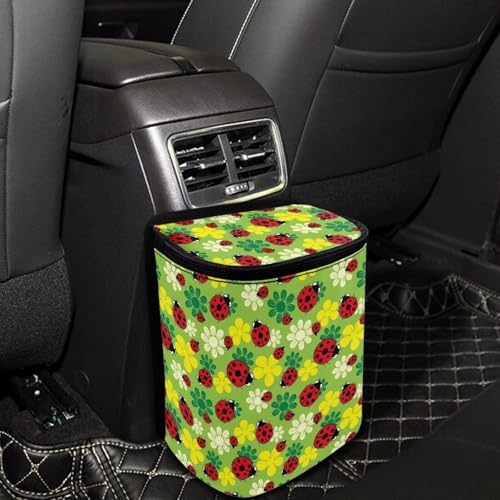 Image of KEIAHUAN Ladybug Car Trash Can with Lid Hanging Garbage Bin and Storage Bag Large Capacity Portable Multi-Functional Rubbish Bag Grocery Organizer for Snacks, Drinks, and Widget, Green