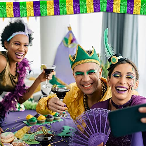 Image of 6 Pack 10 Feet Mardi Gras Foil Fringe Garland Metallic Tinsel Streamers Banner Wall Hanging Backdrop Banner for Parade Floats, Valentine's Day, Wedding, Birthday Party Decorations Gold Green Purple
