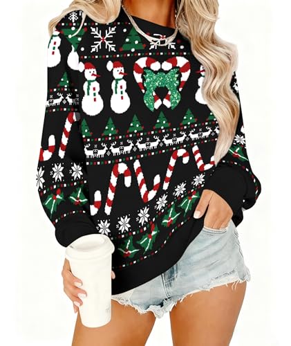 Yiyilina Ugly Christmas Sweatshirts for Women：Casual Fleece Christmas Graphic Sweater Funny...